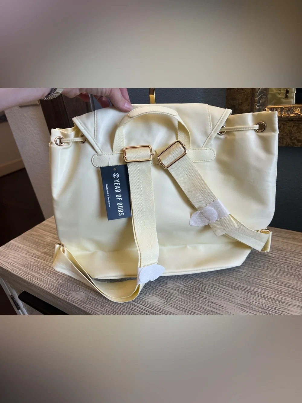 🆕 Year of Ours Light Yellow Drawstring Backpack with Front Pockets